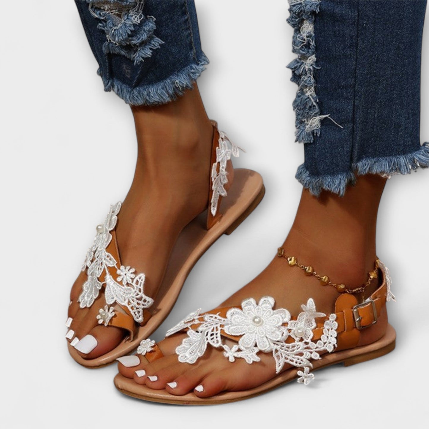 Boho - Sandalias cómodas con flores y tiras en el tobillo